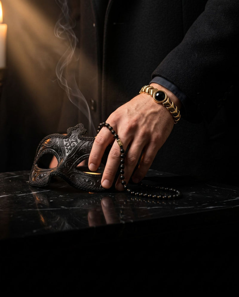 A hand sets down a black Venetian mask, wearing an onyx and gold bracelet